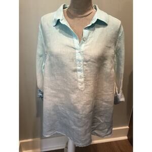 NWT Talbots Blue Ombre Dip Dye Linen Shirt Roll Tab Sleeve Petite XL